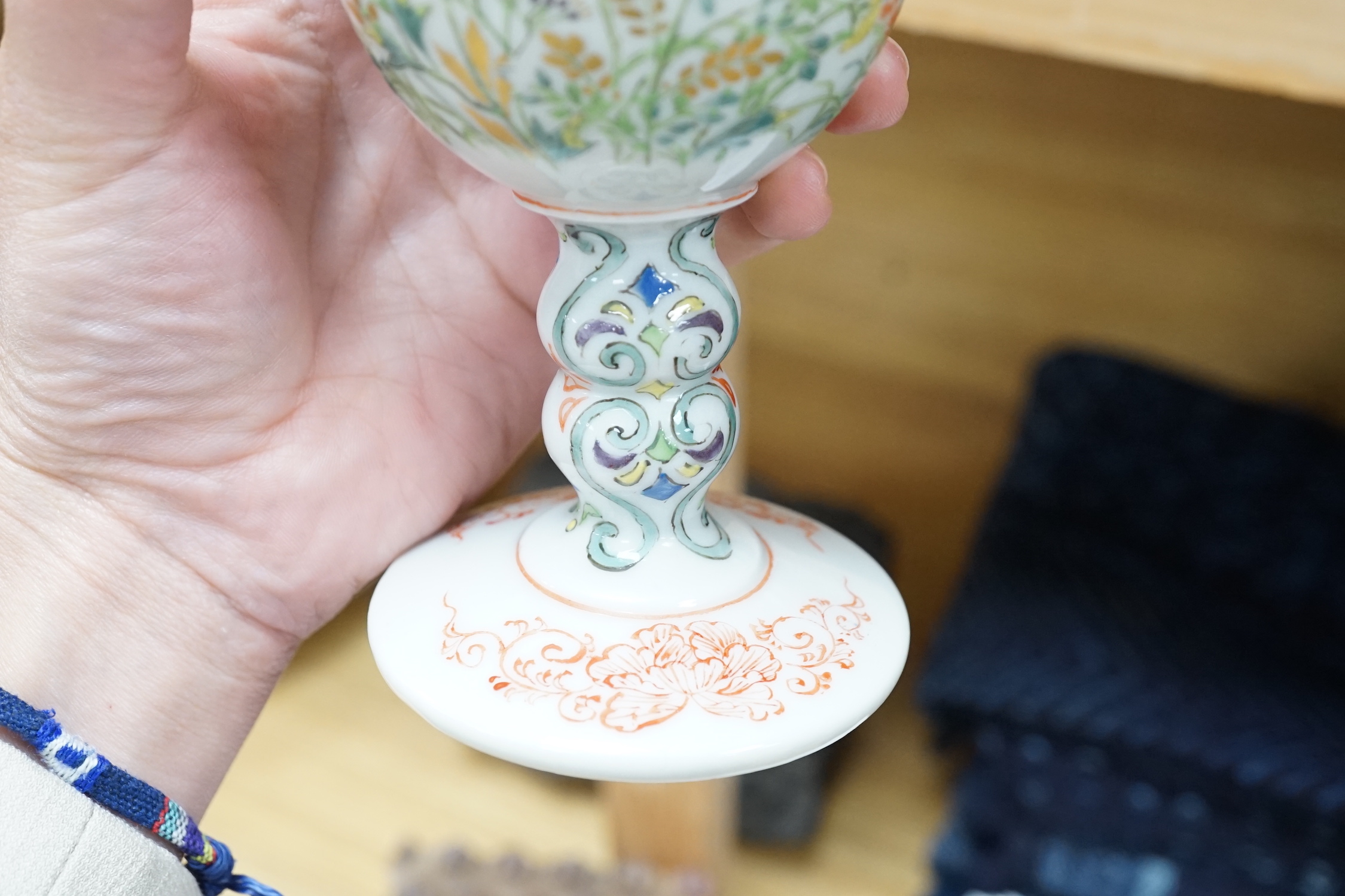 An unusual Japanese porcelain goblet and an 18th century Chinese export blue and white plate
